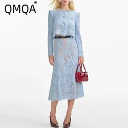 QMQA Fashion Women's Solid Hollow Out Two Piece Set O Neck Long Sleeve Top High Waist Skirt Elegant Chic Sets Female New QM271