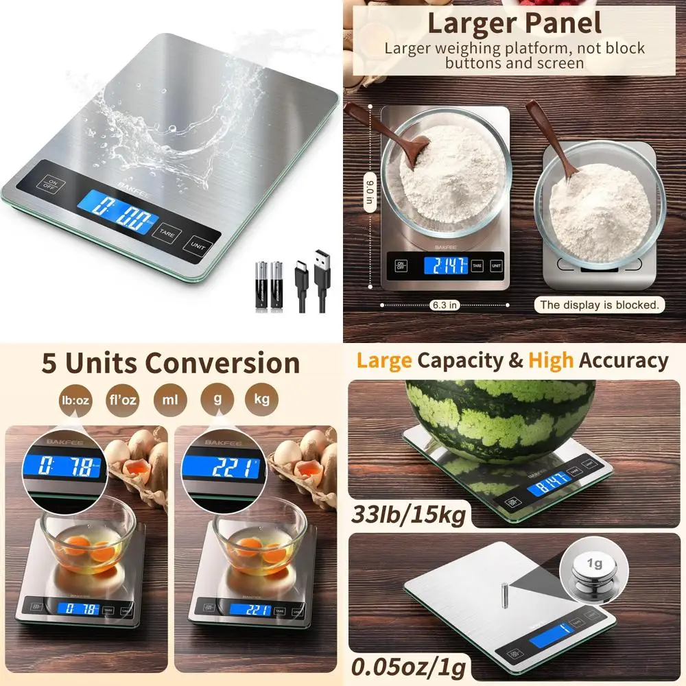 

33lb Digital Kitchen Scale with Stainless Steel and Tempered Glass, USB Rechargeable, 1g Precision, Waterproof for Cooking and B