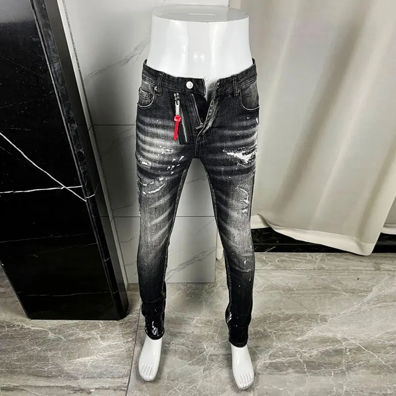 

Street Fashion Men Jeans Retro Black Gray Stretch Skinny Fit Patched Ripped Jeans Men Painted Designer Brand Hip Hop Denim Pants