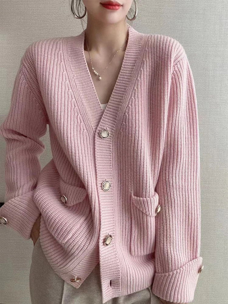 Winter 2023 Korean Fashion Women\'s Elegant Solid Pink Outerwear Pearl Button Knitted V-neck Y2k Cardigans Vintage Warm Sweater