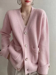 Winter 2023 Korean Fashion Women's Elegant Solid Pink Outerwear Pearl Button Knitted V-neck Y2k Cardigans Vintage Warm Sweater