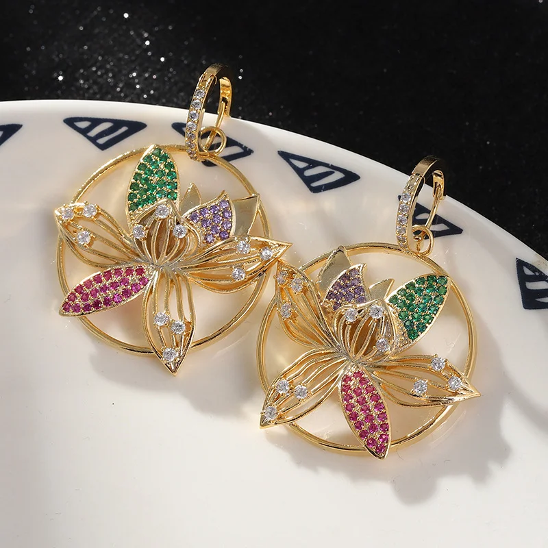 

Luxury Lotus Flower Drop Earrings for Women, Gold Plated Rainbow Zircon Dangle Earrings, Ethnic Party Jewelry