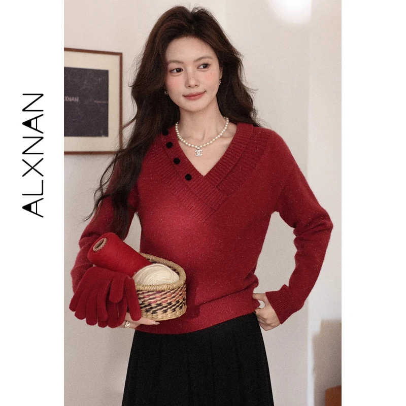 

ALXNAN Red Sweater Winter 2025 V-neck Women's Knit Pullover Long Sleeve Slim Fit Casual Burgundy French Style Top Female L60006