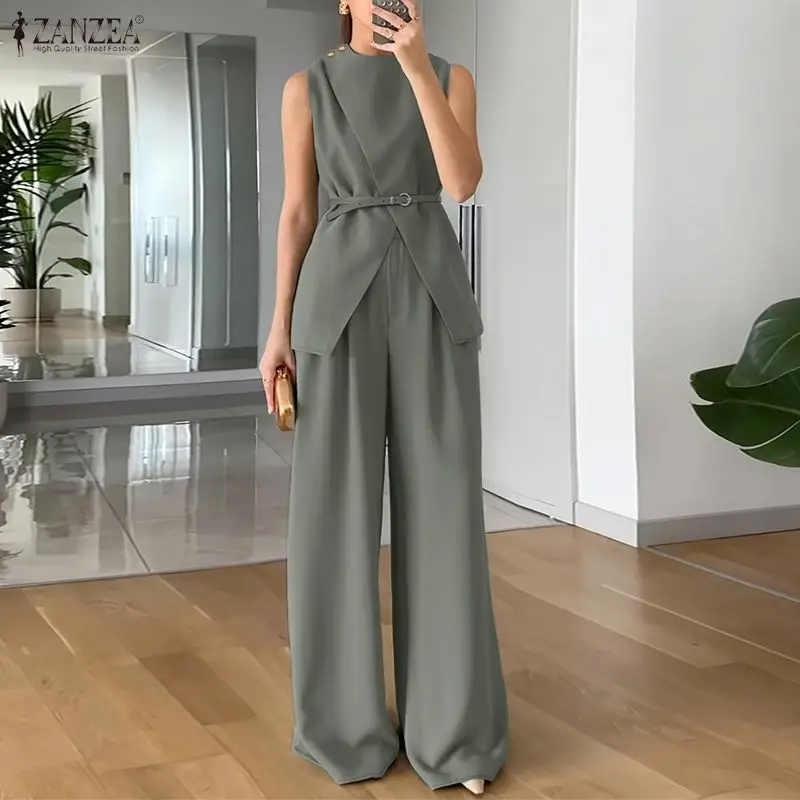 2026 ZANZEA Sommer Damen 2-teiliges Set Modische Ärmellose Tanktops Hosen-Sets Elegantes Einfarbiges OL Arbeitsoutfit Trainingsanzug Ohne Gürtel