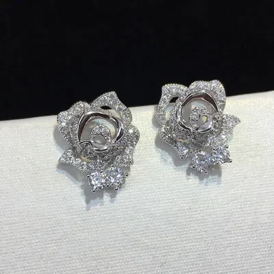 Neues Design Micro Pave AAAAA Zirkon Rose Blume Ohrstecker für Frauen/Mädchen CZ Party/Hochzeit 925 Sterling Silber Schmuck Ohr