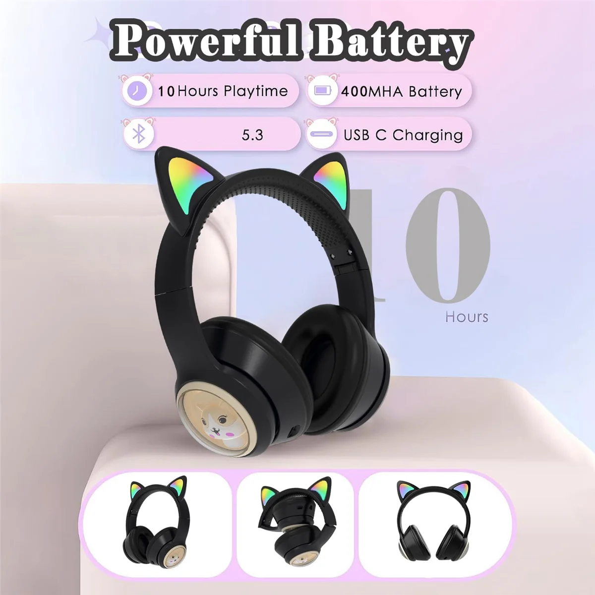 Children's Bluetooth Headphones, Foldable Wireless Headphones with LED Light, Cat Ears Game Headset for Phone-C