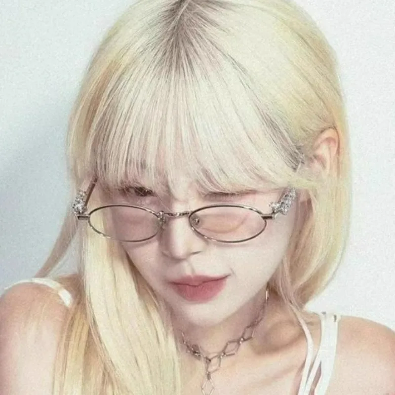 

Korean Fashion Rhinestone Diamonds Eye Glasses for Women Men Y2k Retro Small Oval Metal Frame Glasses Anti Blue Light Eyeglasses