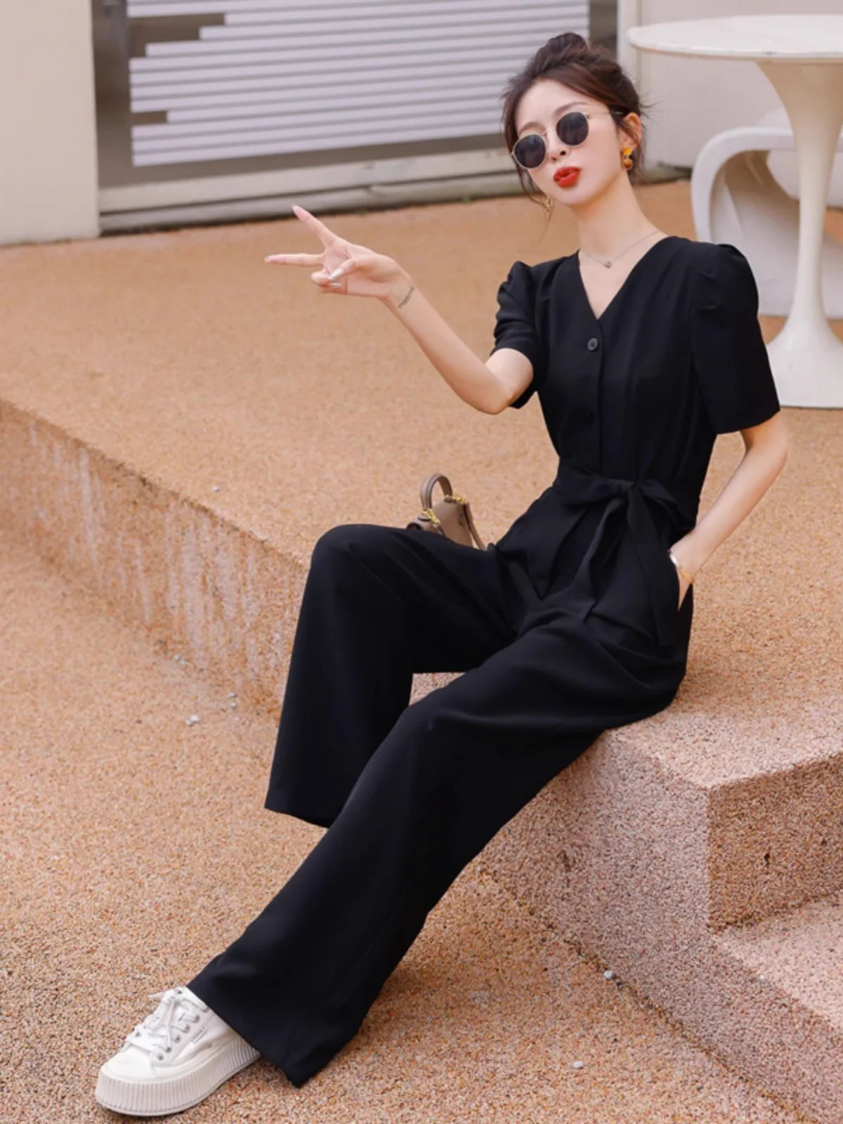 

High Waist Jumpsuit Women's Faion Straight Leg Pants Set Summer 2025 Casual Workwear Small Size Friendly Sli Suit