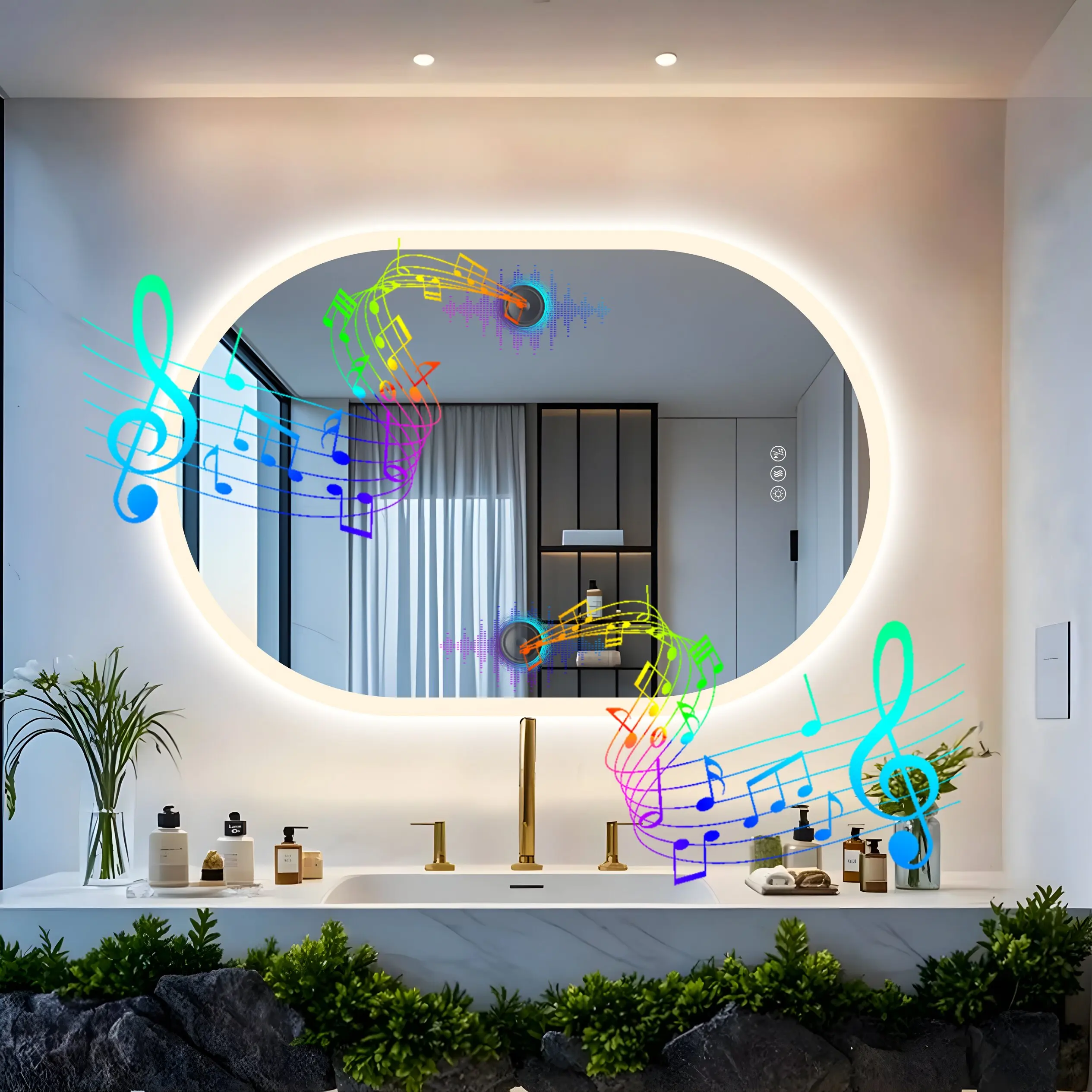 Led Bathroom Mirror 900x600mm Oval Illuminated Wall Vanity Mirror w Bluetooth, 3 Colors Change, Temperature, Defogging Functions