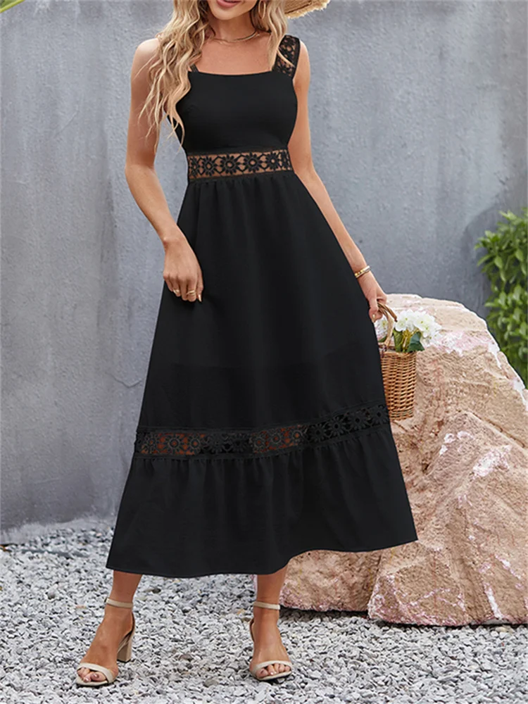 Summer Dress for Women Boho White Dress Female Sexy Hollow Out Sleeveless Midi Dress Lady Off Shoulder Elegant Beach Long Dress