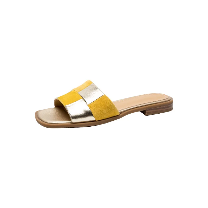 

Французские золотые тапочки на плоской подошве для женщин, новинка 2023 года, летняя верхняя одежда с плетением, изысканная мягкая подошва, удобные крутые тапочки с открытым носком