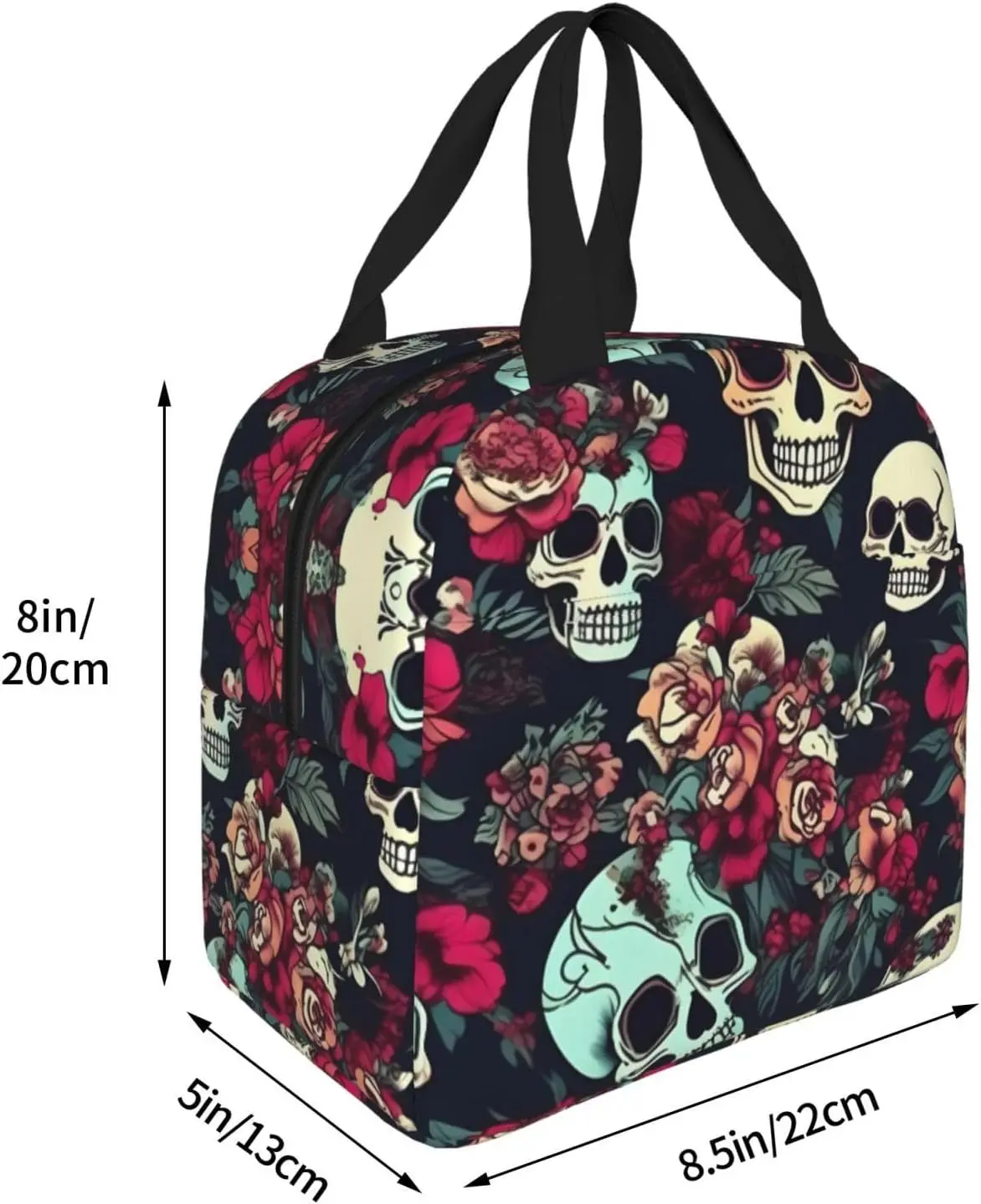 Bolsa de almuerzo con aislamiento con estampado de calaveras florales coloridas, fiambrera reutilizable con bolsillo frontal para trabajo y contenedor de Picnic impermeable