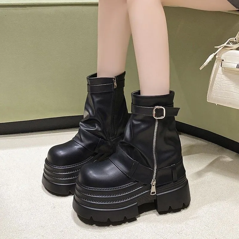 Nouvelles Bottes d'Hiver 2026 pour Femme, Noires, à Plateforme, Bout Rond, Boucle Métallique, Fermeture Éclair Latérale, Semelle Empilée, Style Goth Punk Tendance