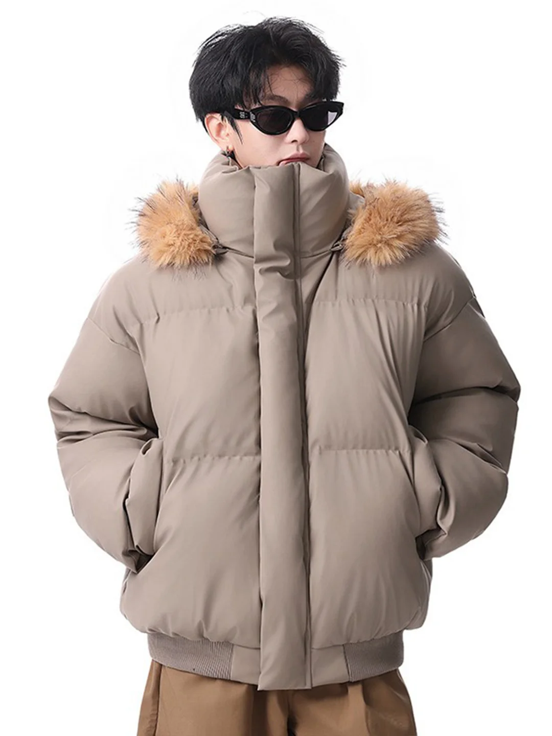 

Warmth Insulated PU Leather Cotton Jaet Men's Cleanfit ort Thiened Winter Coat Fur Collar Hooded Casual Outerwear