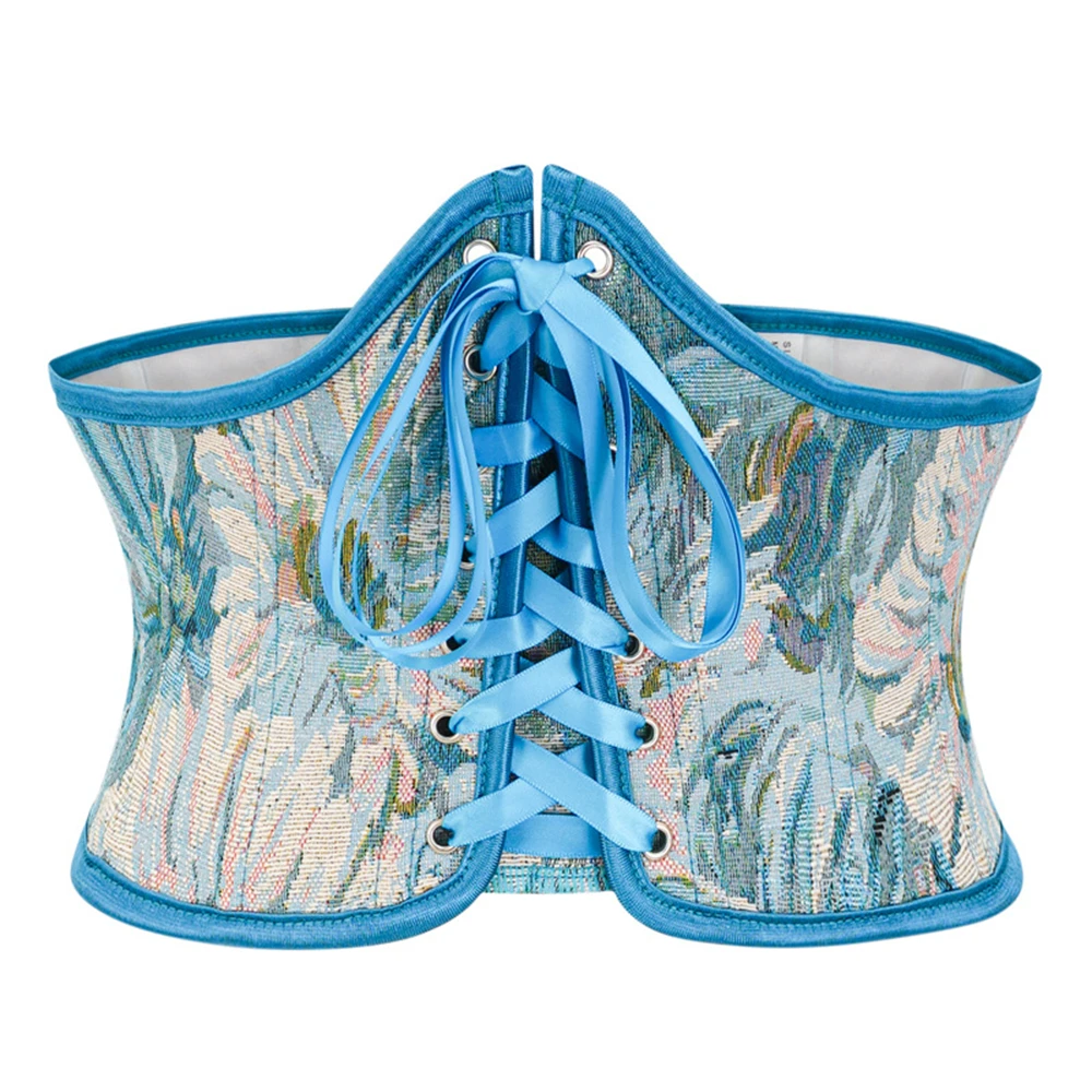 Blue Oil Painting Floral Printed Corset Gothic Vintage Underbust Bustiers Waist Cincher Belt Shaper Tummy Control Corselet