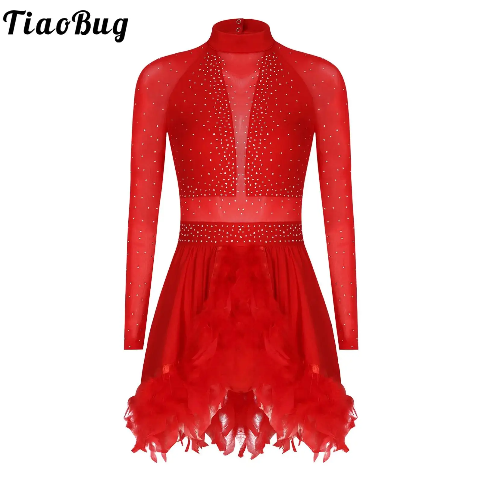

Women Latin Jazz Tango Dance Dress Leotards Samba Rumba Dancewear Rhinestones Sheer Mesh Long Sleeve Back Cut Feather Hem Dress