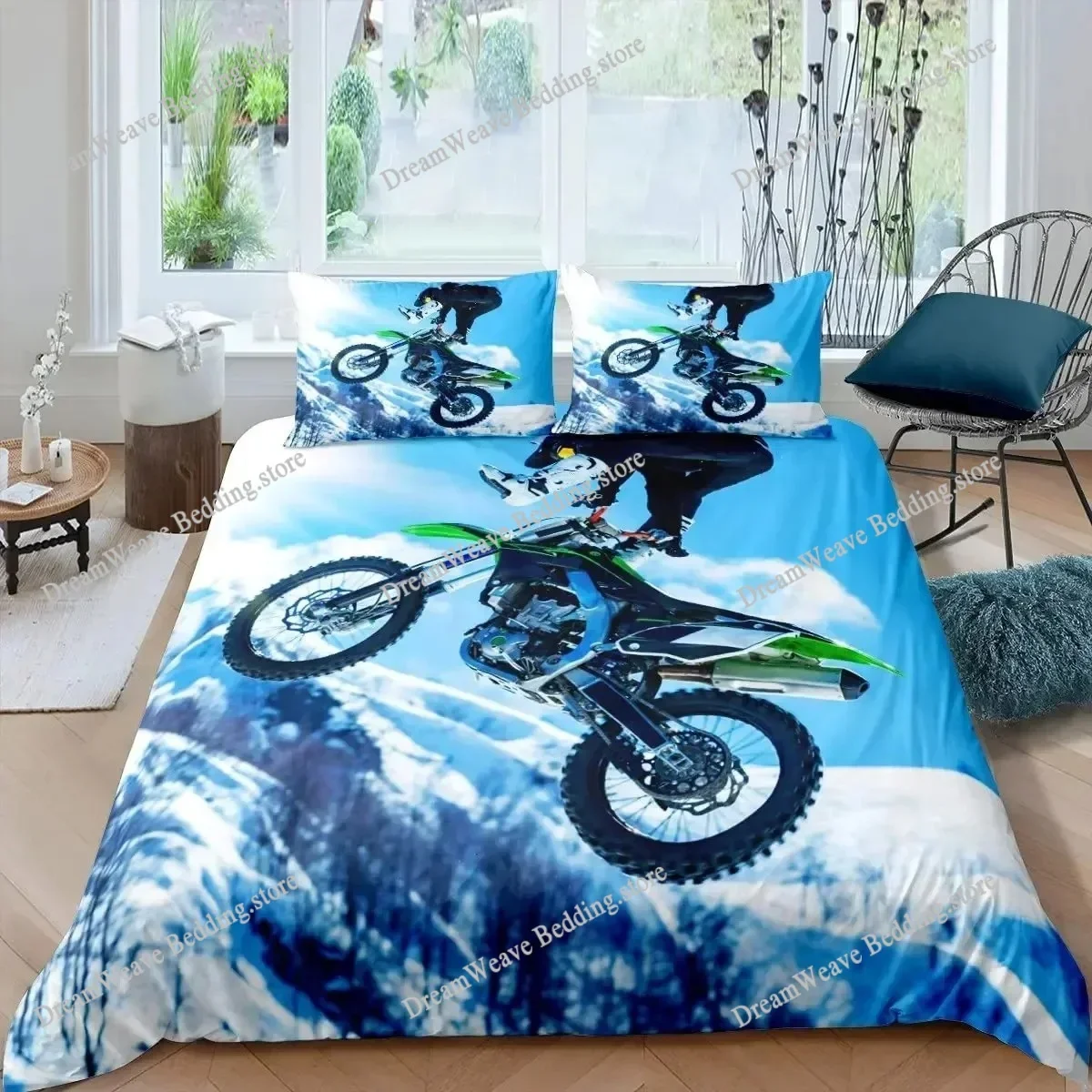Motorbike Duvet Cover Set Twin Size Motocross Rider Bedding Set Racing Motorcycle Dirt Bike Extreme Sport Polyester Quilt Cover
