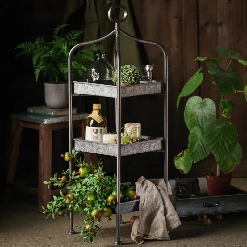 High-end hotel living room multi-layer wrought iron flower stand, retro indoor metal rack, green dill light luxury flower stand