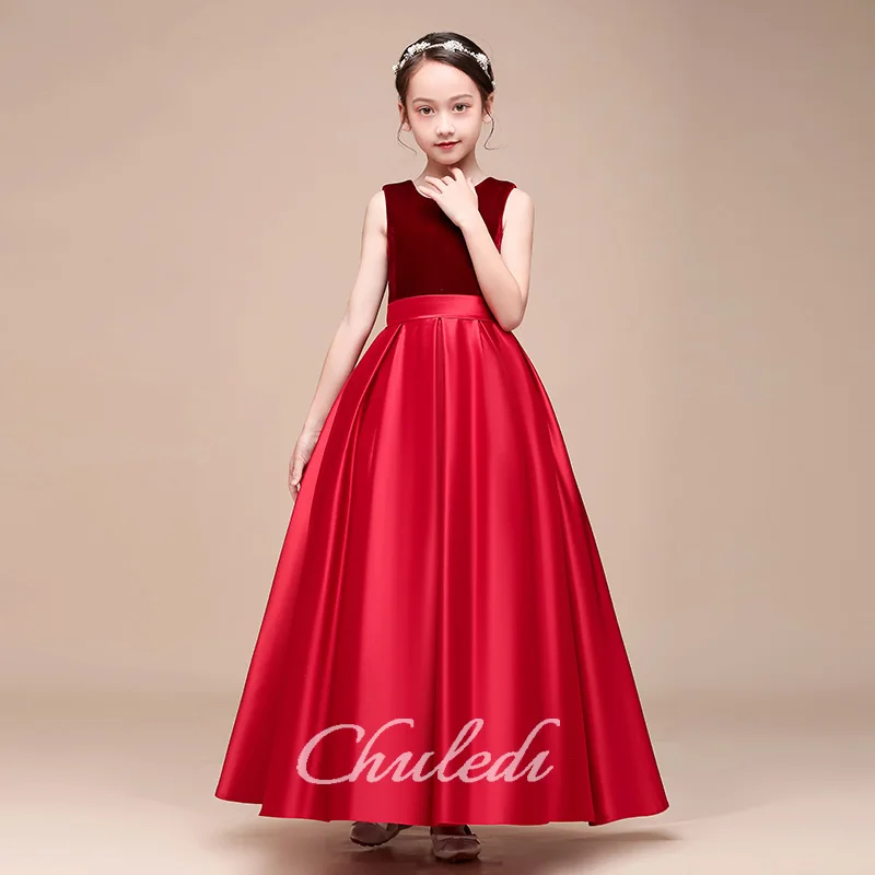 Vestido de terciopelo burdeos, vestido de dama de honor juvenil, vestido de niña de flores de satén, vestido de niño pequeño, vestido de bebé rojo, vestido largo de niña, vestido de novia