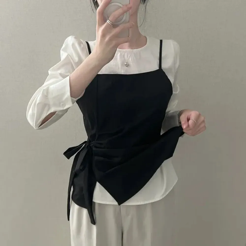 Dames Lange Sve irt Knoop Tie Top + Basislaag Lange Sve Blouse Tweedelige Set Herfst Lente Seizoen Koreaanse Sle