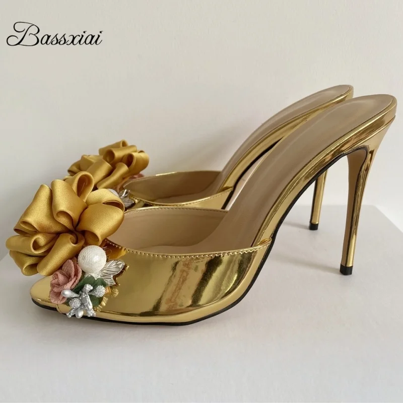 

Handmade Beads Decor Silk Flower Sandals Women 10cm Stiletto Heel Patent Leather Slingbacks Summer Shoes