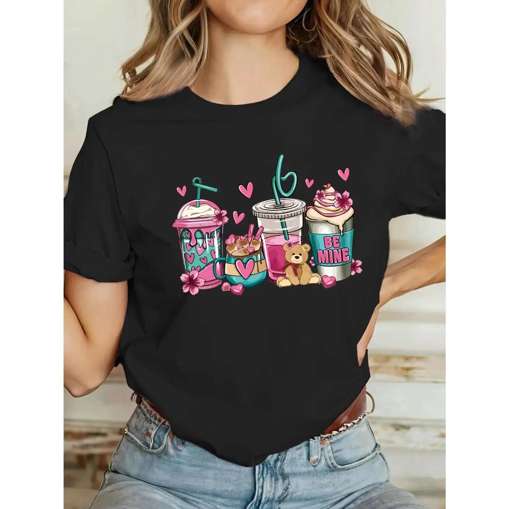 

Cute Cup Print Sleeve T-Shirt for Spring & Summer Women's Clothing Graphic Print Crew Neck T-Shirt Casual Short