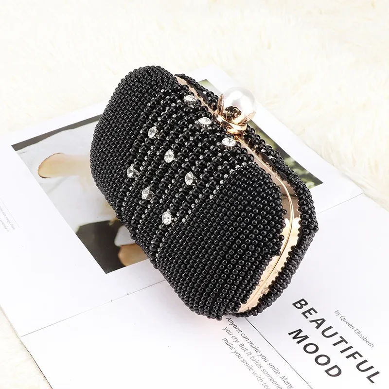 Luxury Black Pearl Clutch Bag Elegant Diamond Beaded Banquet Wedding Party Evening Bags with Shoulder Chain Fashion Handbags