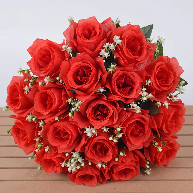 18-köpfe simulierte Rosensträuße, rote Rose, künstliche Blumen für Hochzeitsdekorationen, Bräute mit Blumen, Heimdekorationen – Detail 1