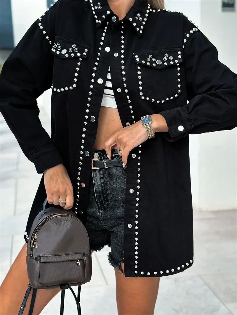 

Streetwear Rivets Decor Denim Jacket Autumn Clothes Women Long Sleeves Single Breasted Jean Cardigan Outerwear Female Denim Coat