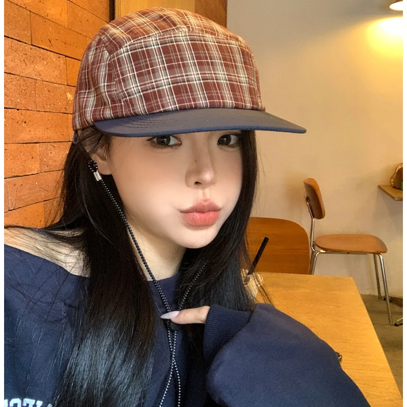 New Spring and Summer Plaid Baseball Cap Outdoor Shade Casual Windbreak Rope Lace Flat Edge Hip Hop Hat for Men and Women Gorras