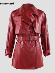 Mauroicardi Spring Luxury Chic Soft Waterproof Wine Red Pu Leather Trench Coat for Women Belt Double Breasted Fall Clothes 2025