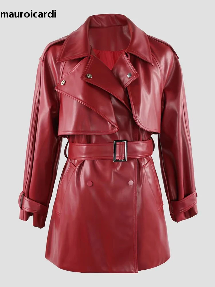 Mauroicardi Spring Luxury Chic Soft Waterproof Wine Red Pu Leather Trench Coat for Women Belt Double Breasted Fall Clothes 2025
