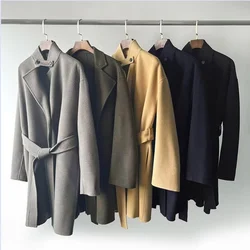 Heavy duty woolen fabric from Sweden, niche stand up collar without buckle waistband, woolen mid length coat jacket