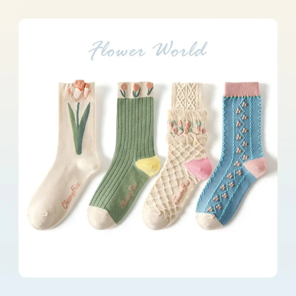 Summer Tulip Women's Flower Socks Warm Vintage Lace Socks Soft Spring Cotton Socks Ladies