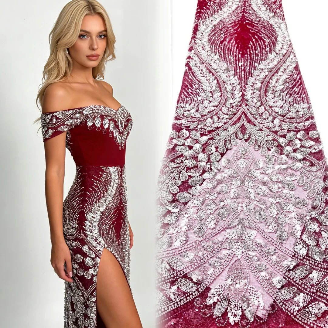 

Африканское кружево с бисером 2026, 2 ярда, высококачественная французская ткань с пайетками для пошива свадебных и вечерних платьев