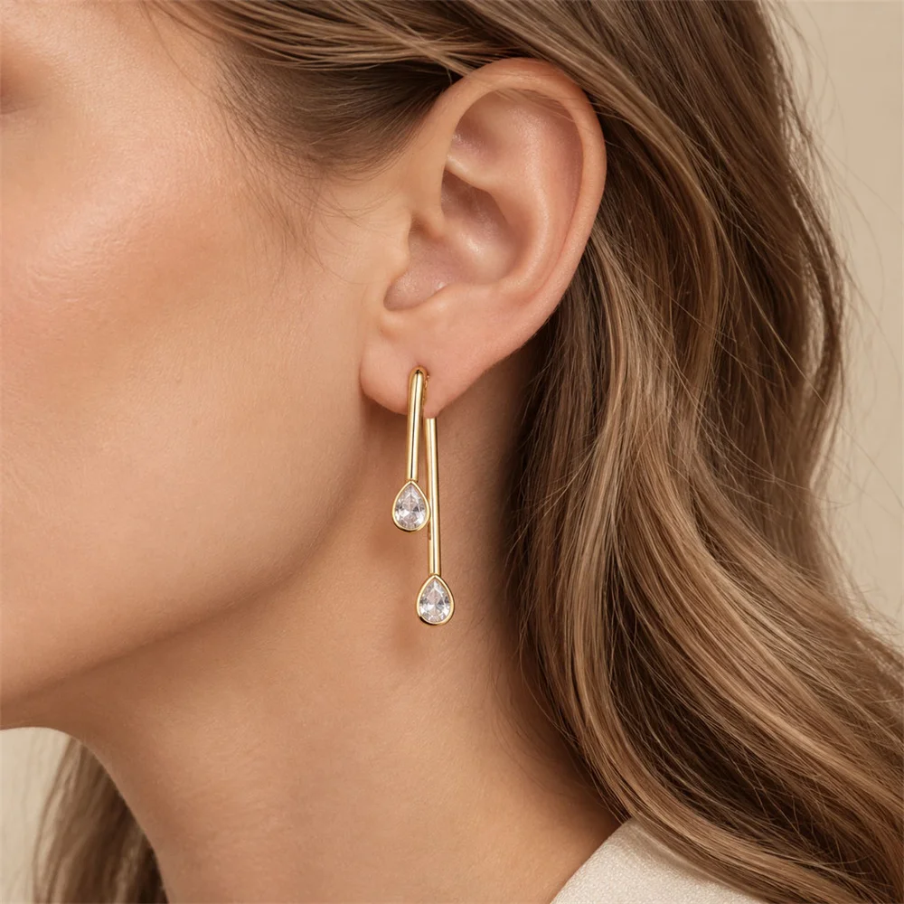 Classic Gold Color Plating Clear Zircon Teardrop Gem Paving Stick Stud Earrings For Women Girl Casual Romantic Fashion Jewelry