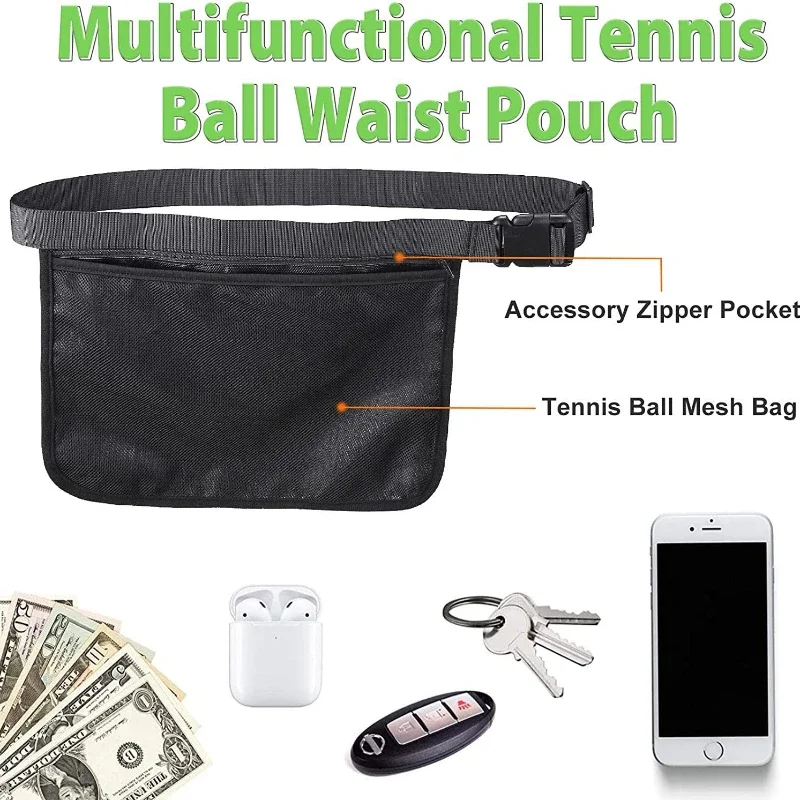 Mesh Tennis Ball Holder Adjustable Belt Waist Hip Ball Bag with Zipper Pocket for Pickleball Accessory for Women/Men/Teens