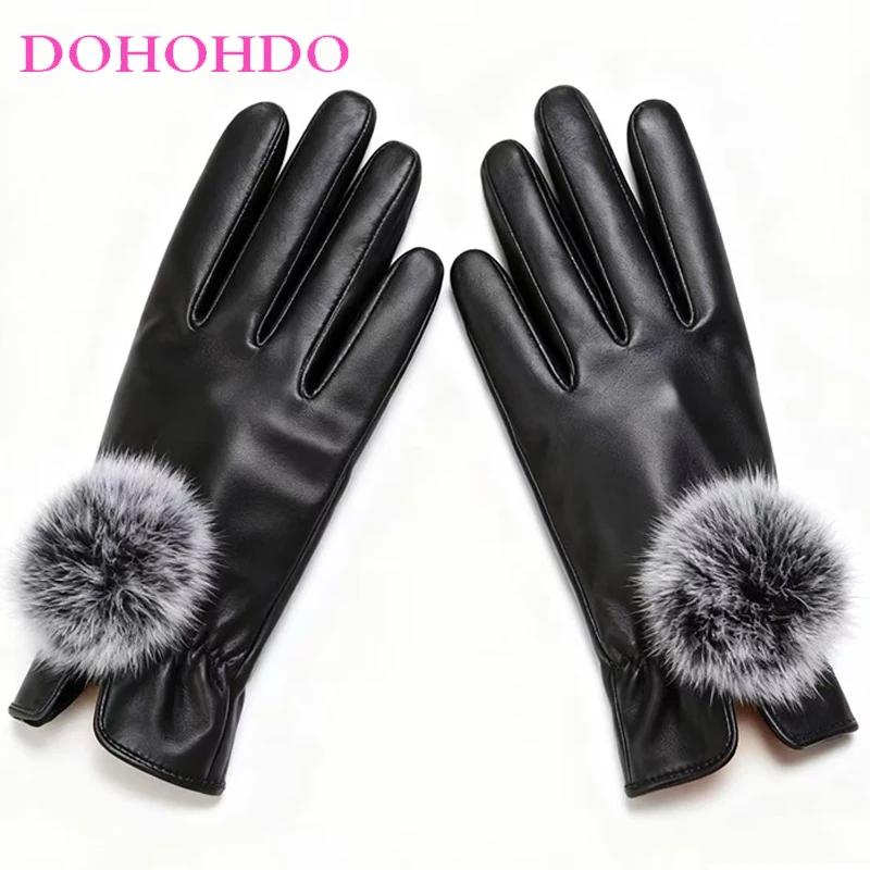 

New Hairball Ladies Touch-screen Leather Gloves Women Winter Gloves Warm Padded Velvet Cycling Driving Cotton Gloves Перчатки