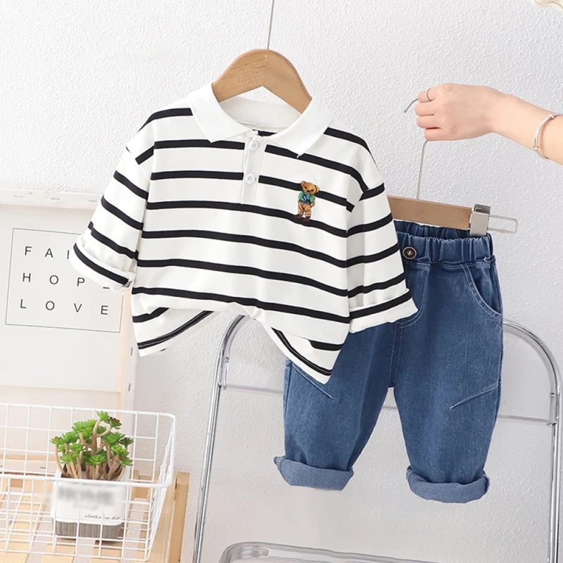 2Pcs Boy Clothings Black White Striped Long Sleeve Sweatshirt+Denim Pants Autumn Baby Kids Cute Cartoon Bear Soft Casual Outfits