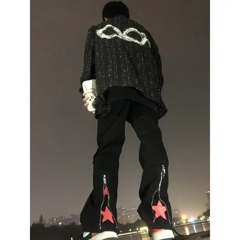 Men's Casual Pants Washed Zipper Jeans Five Star Straight Leg Vintage Hip Hop Loose Trousers