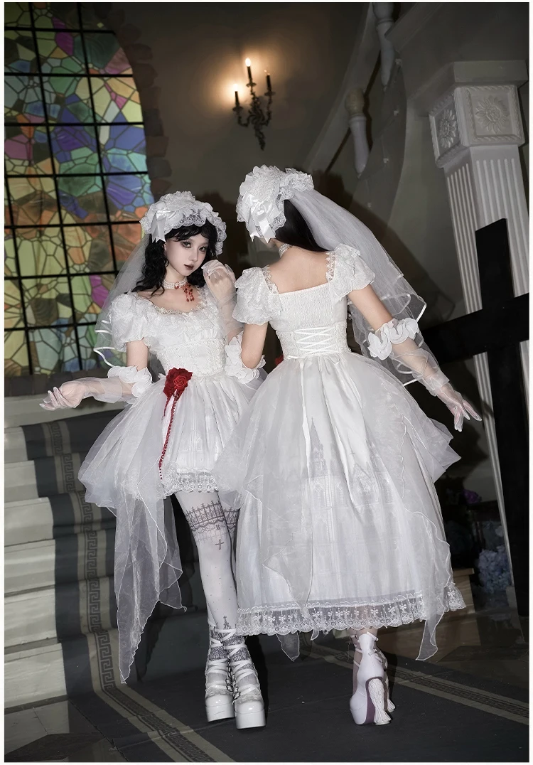 화이트 고딕 스타일 여성용 OP 드레스 2025 신상 오리지널 롱 & 숏 프린트 OP 트윈 드레스 여름 반팔 메쉬 드레스