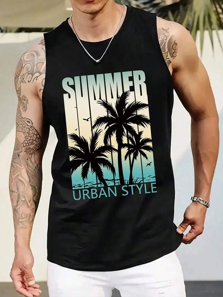 Summer Man Vest Hawaiian Beach Style Coconut Tree Print Sleeveless Shirts Casual O-neck Loose Tees Fashion Loose Men's Tank Tops