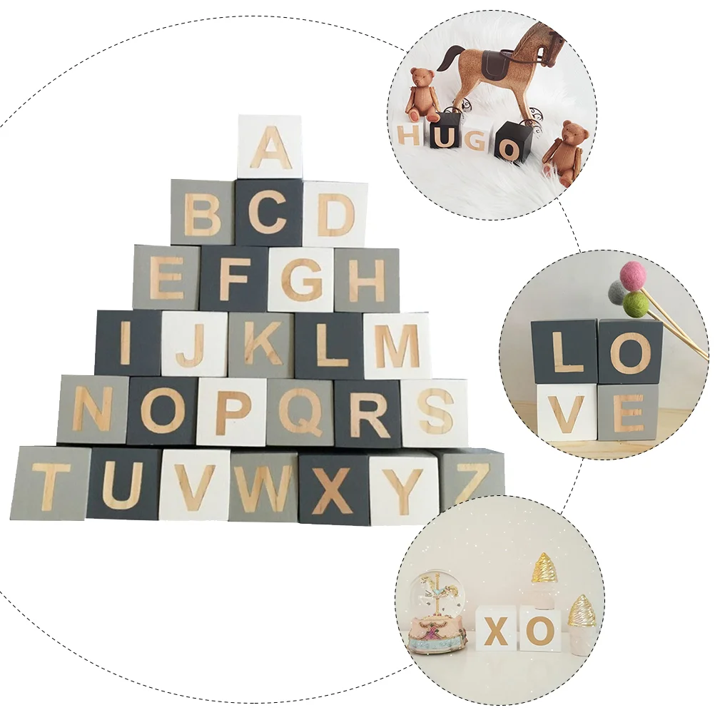 26 Pcs English Letters Decoration DIY Alphabet Cube Wooden Blocks Household Baby