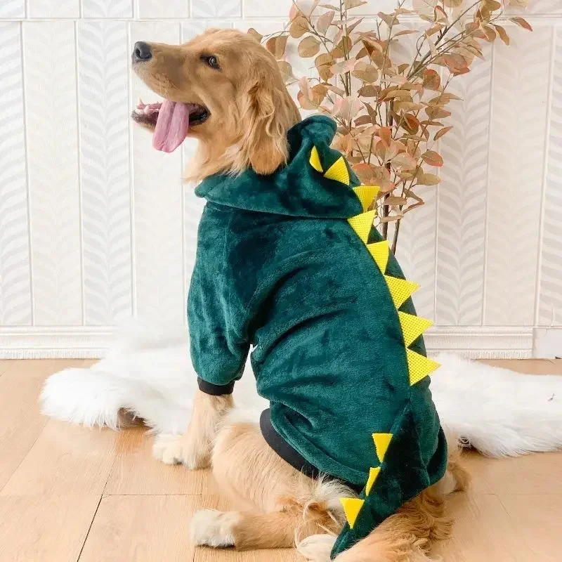Winter Warm Fleece Dog Pajamas for Medium Large Dogs Dinosaur Tiger Costume Hoodie Golden Retriever Clothes
