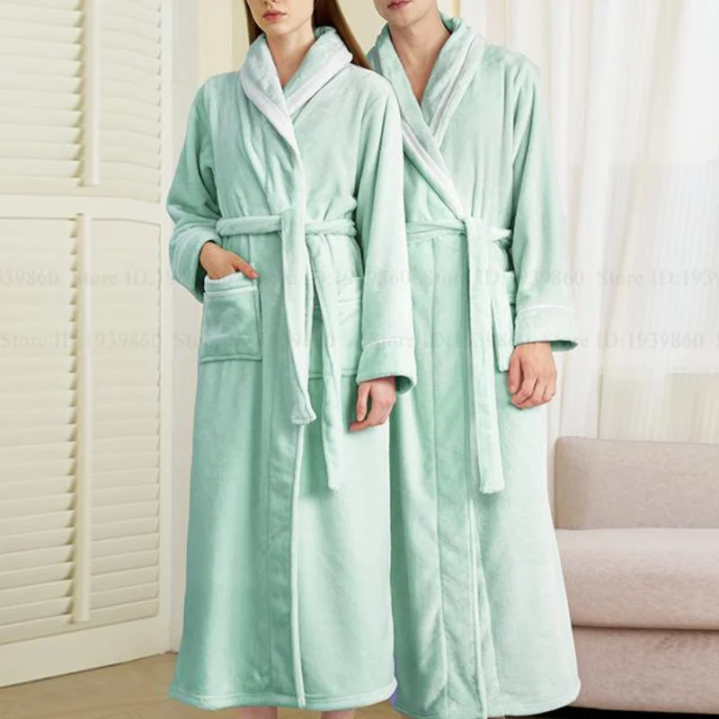 

PLUS SIZE Flannel Couple Long Robe Pajama Autumn Winter Coral Fleece Sleepwear Home Dress Loose Nightwear Bathrobe Lounge Wear