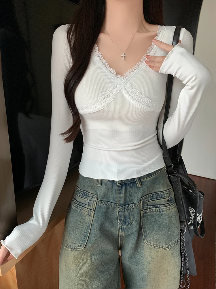 

MosesQueen Lace Trim Base Layer Top Women's Sexy Pure Desire Vertical Pit Stripe Slimming Long Sve T-irt ort Sle
