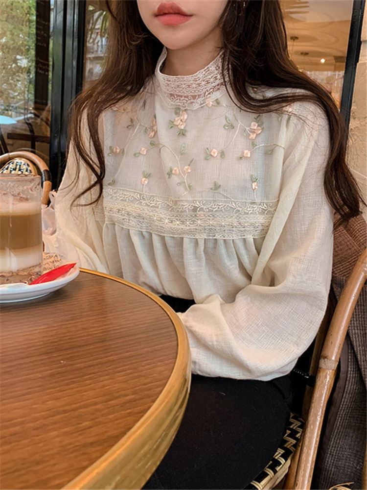 Arazooyi New Elegant Lace Stand Collar Blouse Shirt Sexy Hollow Out Floral Embroidery Feminine Blouses Women Long Sleeve Tops