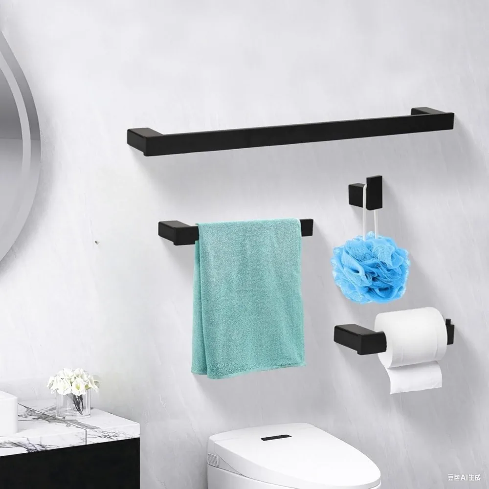 

4-Piece Black Matte Bathroom Hardware Set, 24 Inch Stainless Steel Towel Bars, Rustproof Modern Accessories for Home
