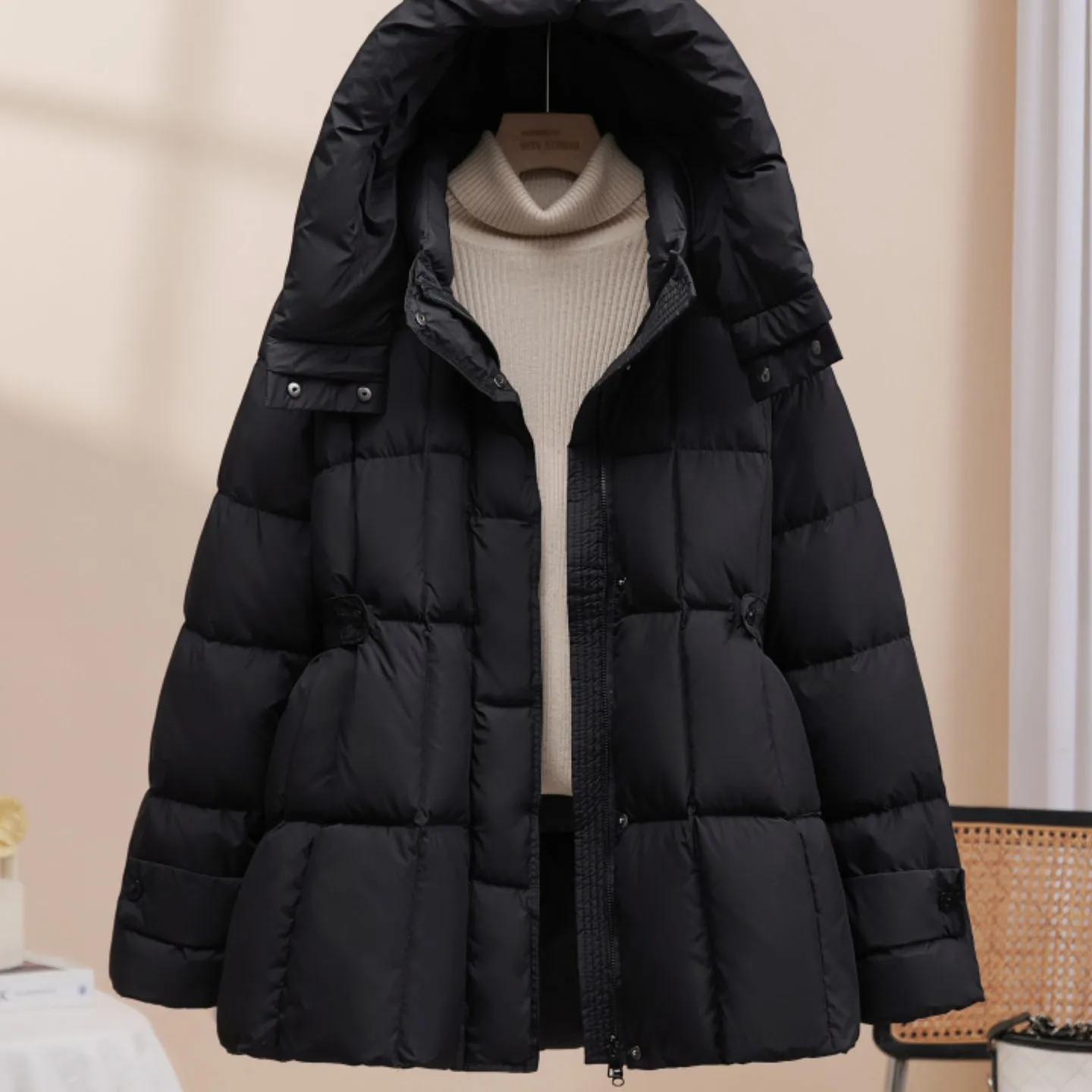 Dames A-lijn donsjack met capuchon Winter effen kleur gewatteerd trekkoord bladerdeegjas Koreaanse mode elegante vrouwelijke dikkere overjas