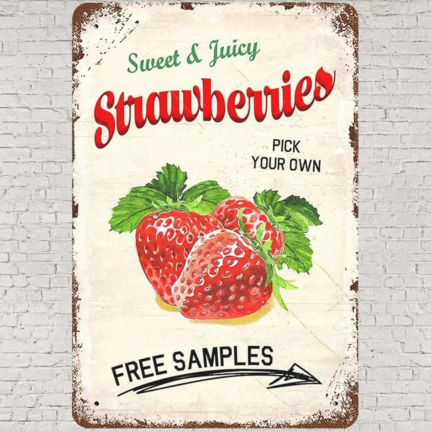 Y1,12X 16 Vintage Metal Tin Sign Funny Sweet Strawberries Wall Art Decor, Rustic Look Farmhouse Strawberry Poster for Home Livin